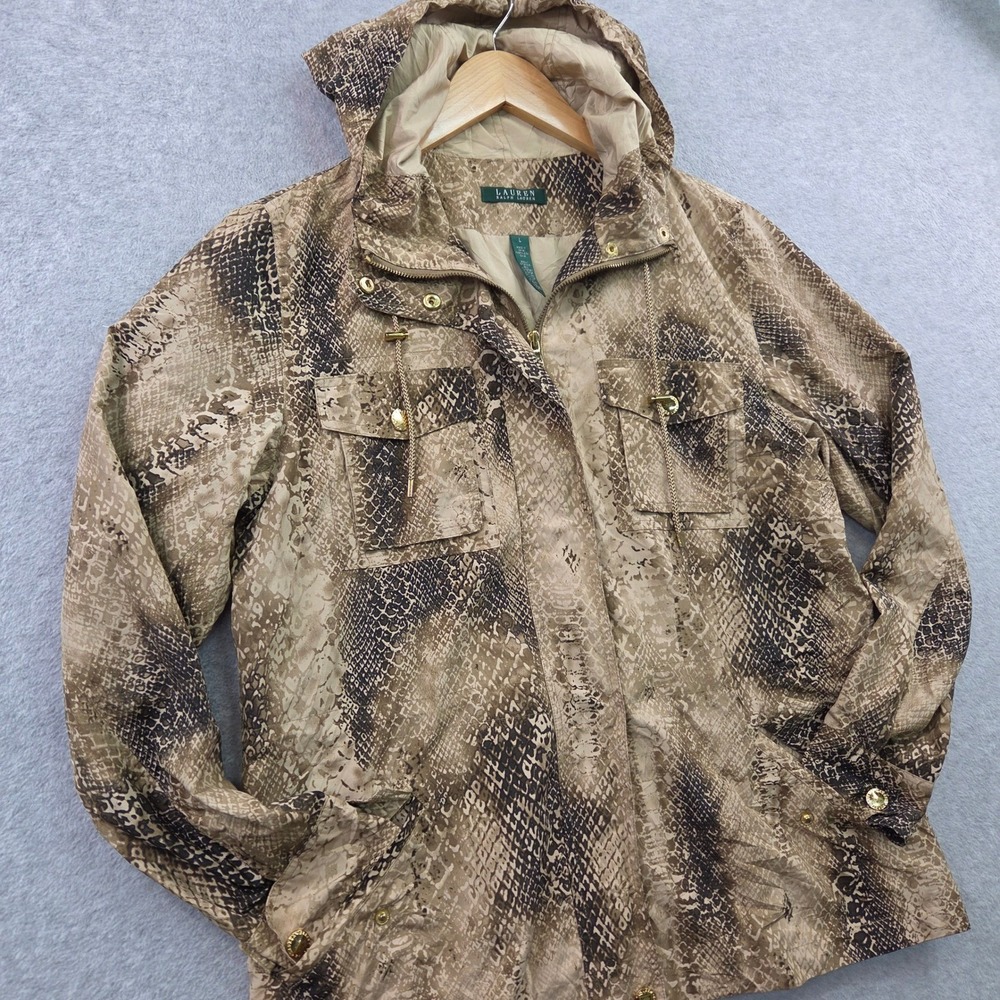 LAUREN RALPH LAUREN Streetwear Snake Print Hooded Anorak Jacket Women L Gold